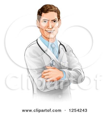 Clipart of a Handsome Caucasian Male Doctor with Folded Arms - Royalty Free Vector Illustration by AtStockIllustration