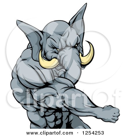 Clipart of a Punching Muscular Elephant Man Mascot - Royalty Free Vector Illustration by AtStockIllustration