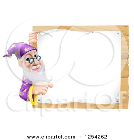 Clipart of a Senior Wizard Pointing Around a Posted Notice Sign on Wood - Royalty Free Vector Illustration by AtStockIllustration