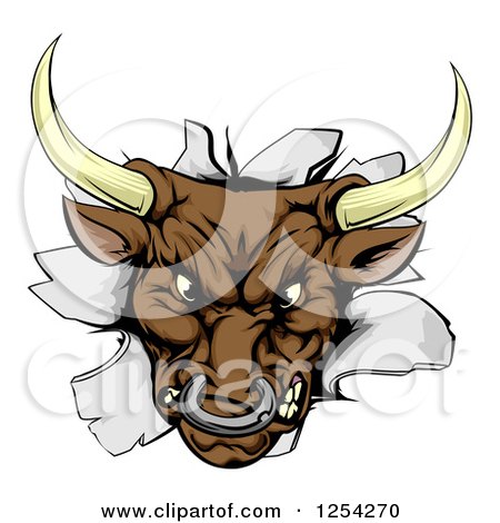 Clipart of an Aggressive Bull Breaking Through a Wall - Royalty Free Vector Illustration by AtStockIllustration