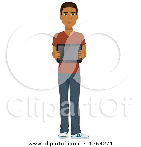 Clipart of a Casual Handsome Young Black Man Holding a Tablet Computer - Royalty Free Vector Illustration by Amanda Kate