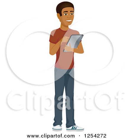 Clipart of a Casual Handsome Young Black Man Using a Tablet Computer - Royalty Free Vector Illustration by Amanda Kate