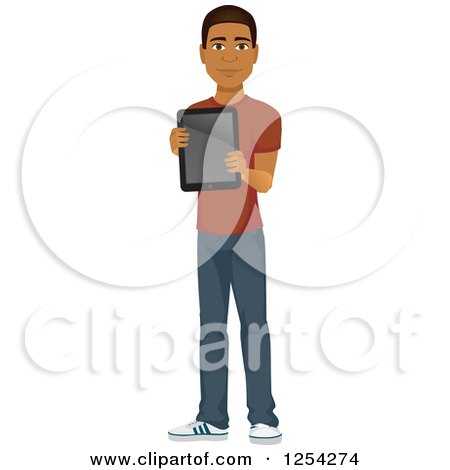 Clipart of a Casual Handsome Young Black Man Holding a Tablet - Royalty Free Vector Illustration by Amanda Kate