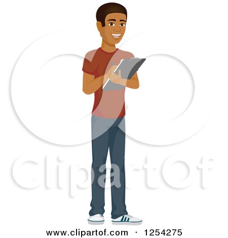 Clipart of a Casual Handsome Young Black Man Taking Notes - Royalty Free Vector Illustration by Amanda Kate