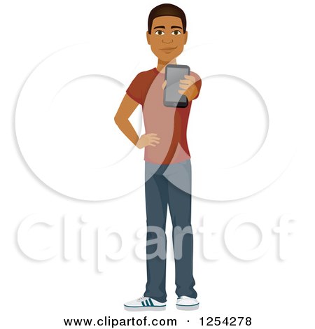 Clipart of a Casual Handsome Young Black Man Holding out a Cell Phone - Royalty Free Vector Illustration by Amanda Kate