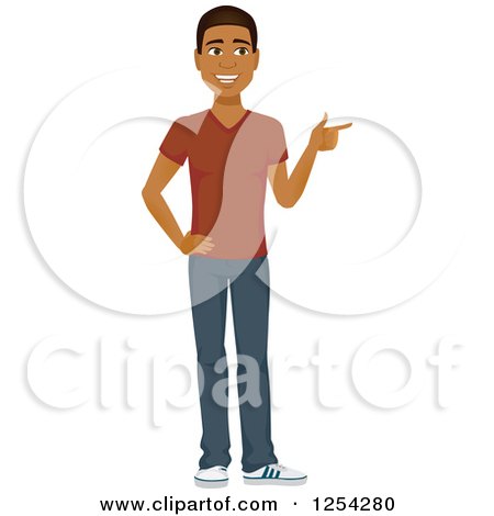 Clipart of a Casual Handsome Young Black Man Pointing - Royalty Free Vector Illustration by Amanda Kate