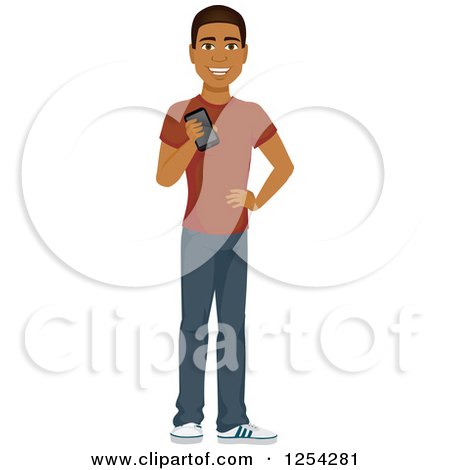 Clipart of a Casual Handsome Young Black Man Holding a Cell Phone - Royalty Free Vector Illustration by Amanda Kate