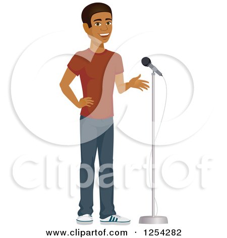 Clipart of a Casual Handsome Young Black Man Speaking into a Microphone - Royalty Free Vector Illustration by Amanda Kate