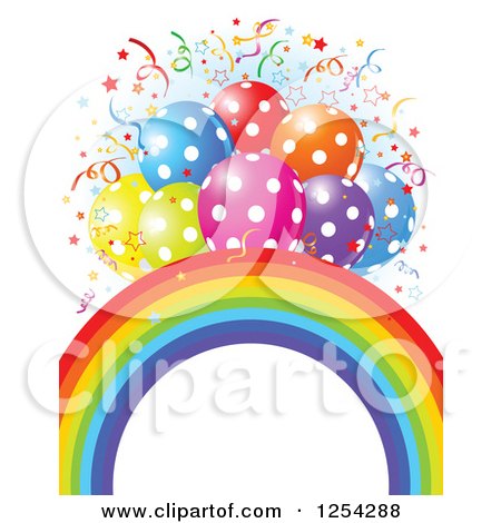 Clipart of a Rainbow Arch and Colorful Polka Dot Party Balloons with Confetti over Blue and White - Royalty Free Vector Illustration by Pushkin