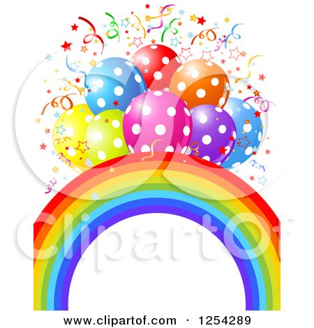 Clipart of a Rainbow Arch and Colorful Polka Dot Party Balloons with Confetti - Royalty Free Vector Illustration by Pushkin