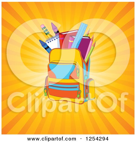 Clipart of a Backpack Full of School Supplies over Rays - Royalty Free Vector Illustration by Pushkin