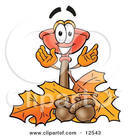 Clipart Picture of a Sink Plunger Mascot Cartoon Character With Autumn Leaves and Acorns in the Fall by Mascot Junction