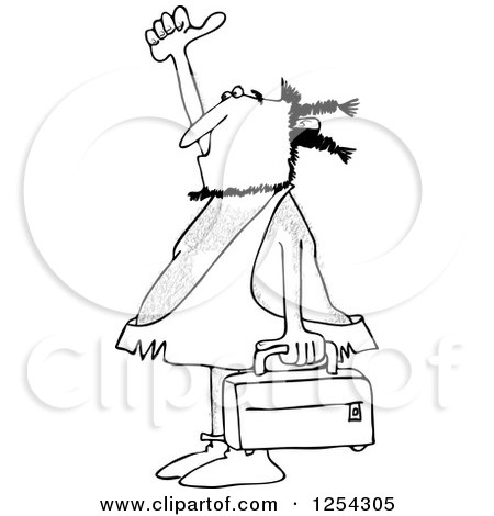 Clipart of a Black and White Hitchhiking Caveman Holding Luggage - Royalty Free Vector Illustration by djart