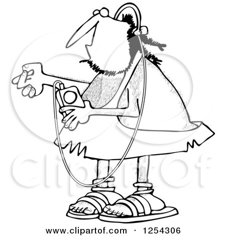 Clipart of a Black and White Caveman Listening to Music on an Mp3 Player - Royalty Free Vector Illustration by djart