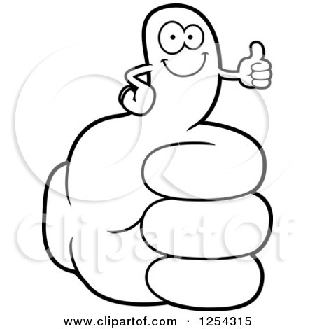 Clipart of a Black and White Happy Thumb up Character on a Gloved Hand - Royalty Free Vector Illustration by Cory Thoman