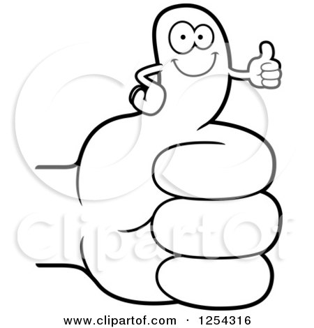 Clipart of a Black and White Happy Thumb up Character on a Hand - Royalty Free Vector Illustration by Cory Thoman