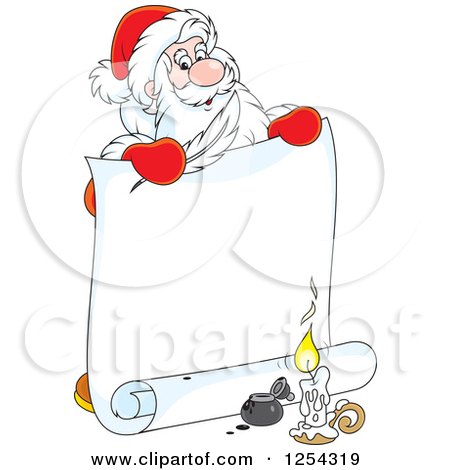 Clipart of Santa Holding a Feather Quil and Scroll - Royalty Free Vector Illustration by Alex Bannykh