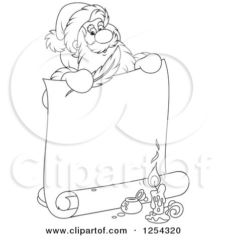 Clipart of Black and White Santa Claus Holding a Feather Quil and Scroll - Royalty Free Vector Illustration by Alex Bannykh