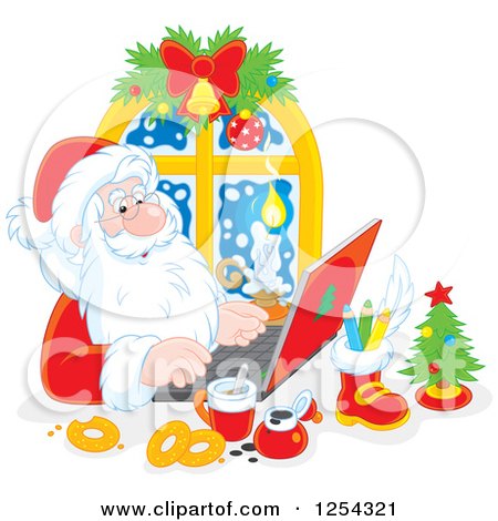 Clipart of Santa Claus Responding to Christmas Emails on a Laptop - Royalty Free Vector Illustration by Alex Bannykh