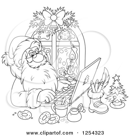 Clipart of Black and White Santa Claus Responding to Christmas Emails on a Laptop - Royalty Free Vector Illustration by Alex Bannykh