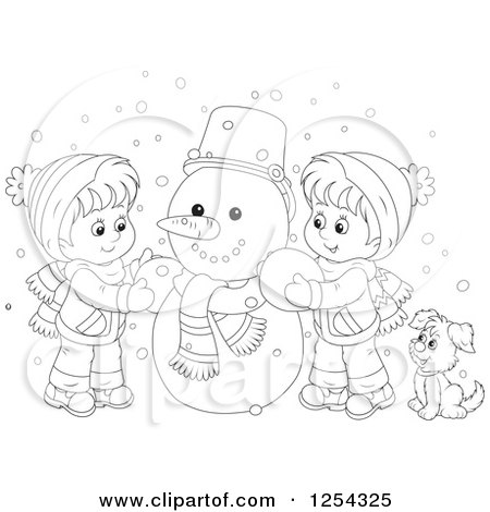 Clipart of Black and White Children Making a Snowman - Royalty Free Vector Illustration by Alex Bannykh
