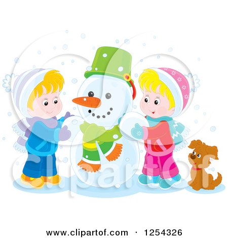 Clipart of Blond White Children Making a Snowman - Royalty Free Vector Illustration by Alex Bannykh