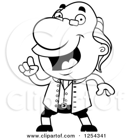 Clipart of Black and White Benjamin Franklin with an Idea - Royalty Free Vector Illustration by Cory Thoman