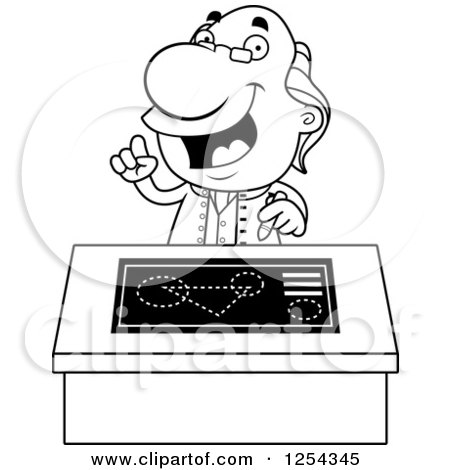 Clipart of Black and White Benjamin Franklin Talking at a Desk - Royalty Free Vector Illustration by Cory Thoman