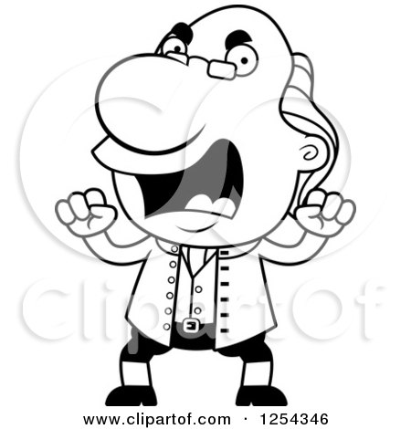 Clipart of Black and White Mad Benjamin Franklin Waving Fists - Royalty Free Vector Illustration by Cory Thoman