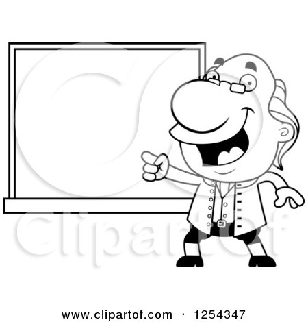 Clipart of Black and White Benjamin Franklin Pointing to a Chalkboard - Royalty Free Vector Illustration by Cory Thoman
