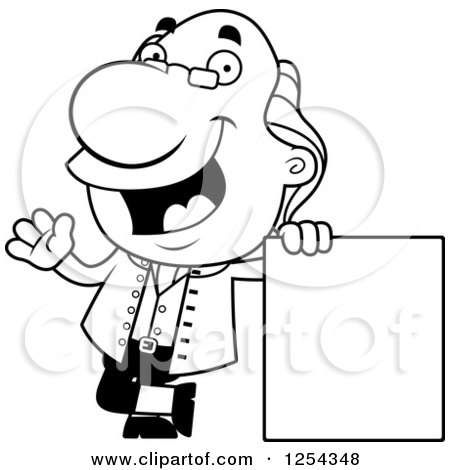 Clipart of Black and White Benjamin Franklin Waving by a Blank Sign - Royalty Free Vector Illustration by Cory Thoman