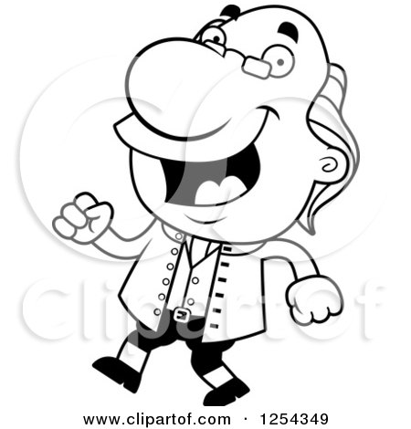 Clipart of Black and White Benjamin Franklin Walking - Royalty Free Vector Illustration by Cory Thoman