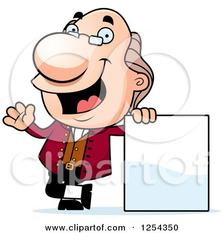 Clipart of Benjamin Franklin Waving by a Blank Sign - Royalty Free Vector Illustration by Cory Thoman