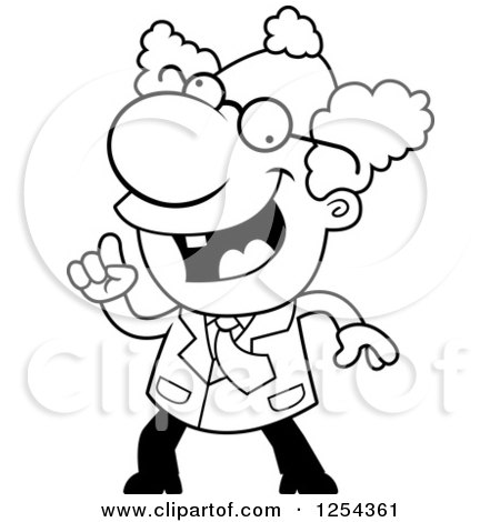 Clipart of a Black and White Mad Scientist with an Idea - Royalty Free Vector Illustration by Cory Thoman