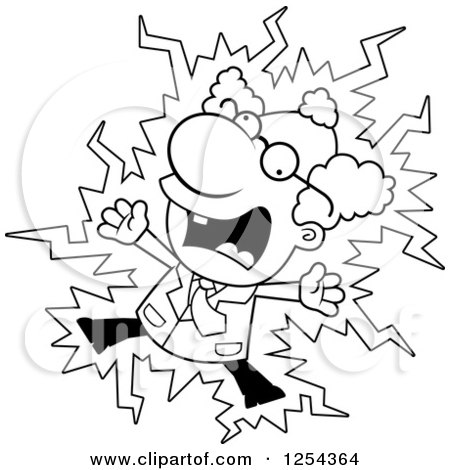 Clipart of a Black and White Mad Scientist Getting Shocked - Royalty Free Vector Illustration by Cory Thoman