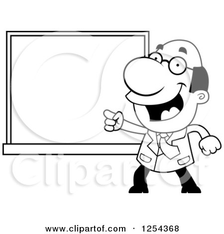 Clipart of a Black and White Scientist Pointing to a Chalk Board - Royalty Free Vector Illustration by Cory Thoman