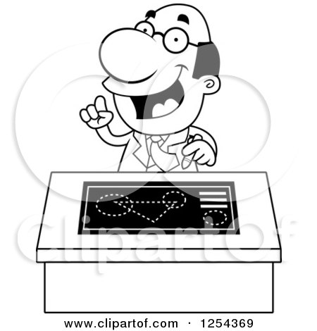 Clipart of a Black and White Scientist Talking at a Desk - Royalty Free Vector Illustration by Cory Thoman