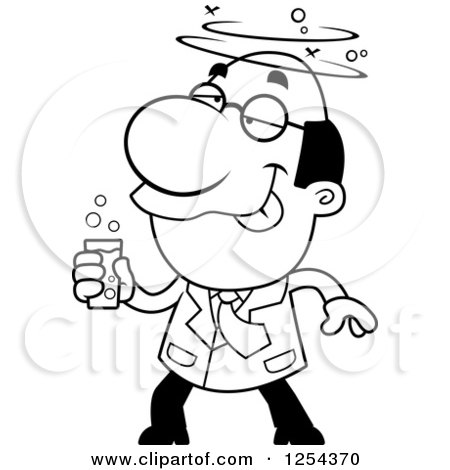 Clipart of a Black and White Drunk Scientist - Royalty Free Vector Illustration by Cory Thoman