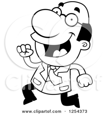 Clipart of a Black and White Happy Scientist Running - Royalty Free Vector Illustration by Cory Thoman