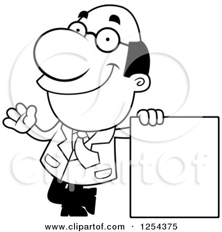 Clipart of a Black and White Happy Scientist Waving by a Blank Sign - Royalty Free Vector Illustration by Cory Thoman