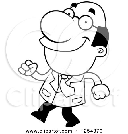 Clipart of a Black and White Happy Scientist Walking - Royalty Free Vector Illustration by Cory Thoman