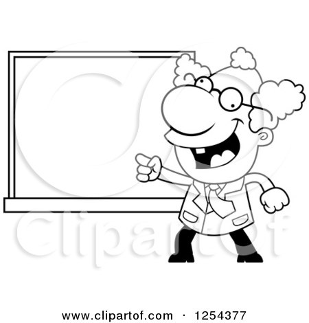 Clipart of a Black and White Mad Scientist Pointing to a Chalk Board - Royalty Free Vector Illustration by Cory Thoman
