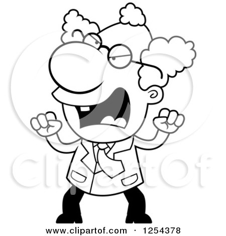 Clipart of a Black and White Mad Scientist Waving His Fists - Royalty Free Vector Illustration by Cory Thoman