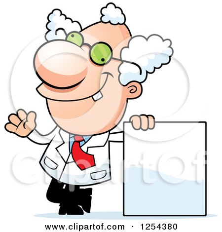 Clipart of a Mad Scientist Waving by a Blank Sign - Royalty Free Vector Illustration by Cory Thoman
