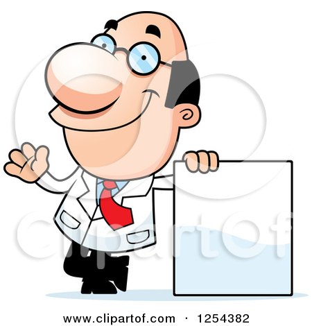 Clipart of a Happy Scientist Waving by a Blank Sign - Royalty Free Vector Illustration by Cory Thoman