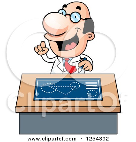 Clipart of a Scientist Talking at a Desk - Royalty Free Vector Illustration by Cory Thoman