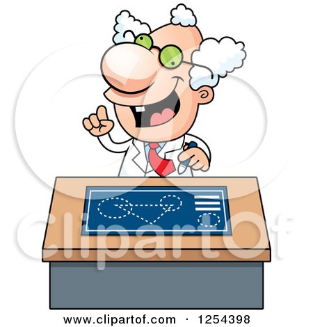 Clipart of a Mad Scientist Talking at a Desk - Royalty Free Vector Illustration by Cory Thoman