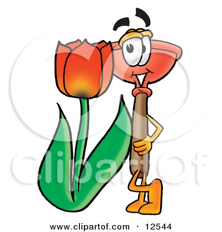 Clipart Picture of a Sink Plunger Mascot Cartoon Character With a Red Tulip Flower in the Spring by Mascot Junction