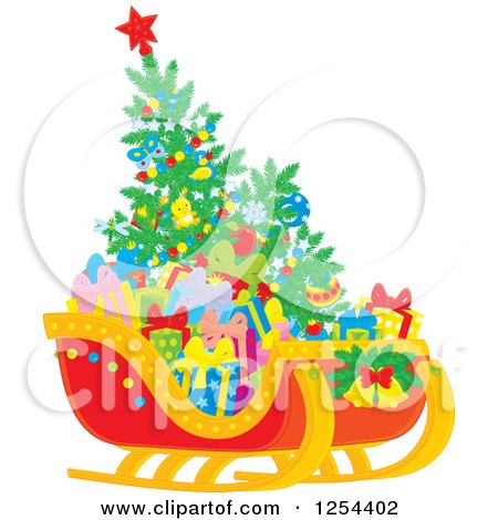 Clipart of a Christmas Tree and Gifts in Santas Sleigh - Royalty Free Vector Illustration by Alex Bannykh