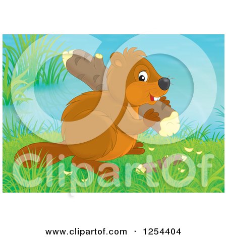 Clipart of a Cute Beaver Carrying a Log - Royalty Free Illustration by Alex Bannykh